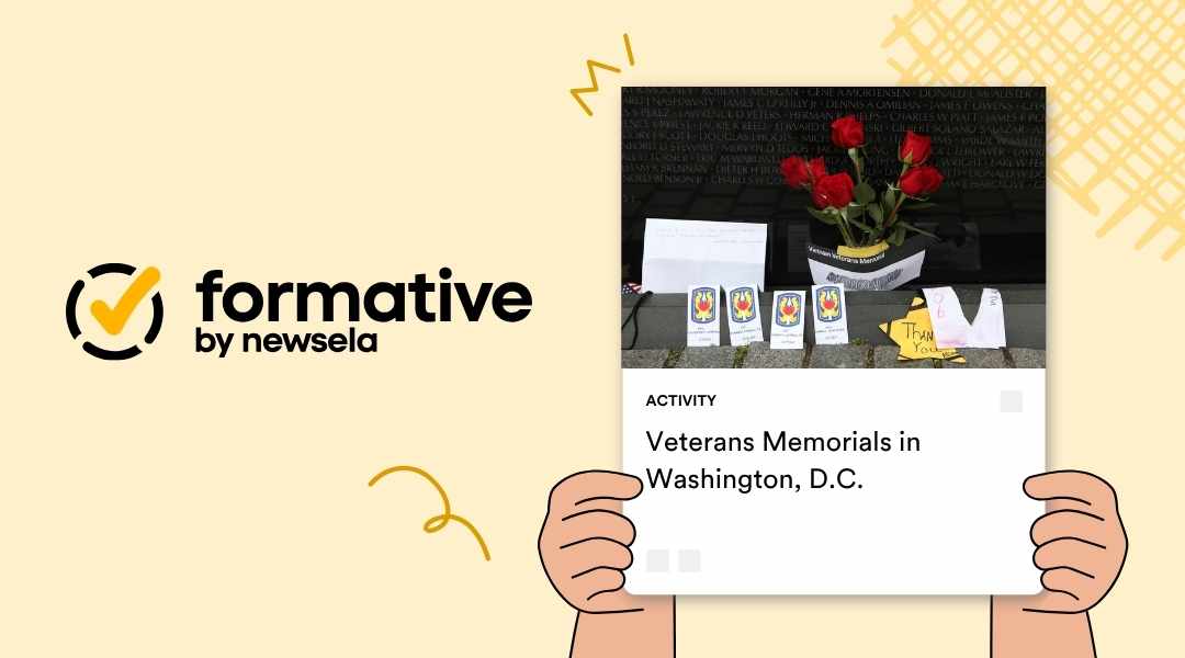 Educational activity slide from Formative by Newsela titled "Veterans Memorials in Washington, D.C." showing a close-up of the Vietnam Veterans Memorial wall with red roses and tribute notes.