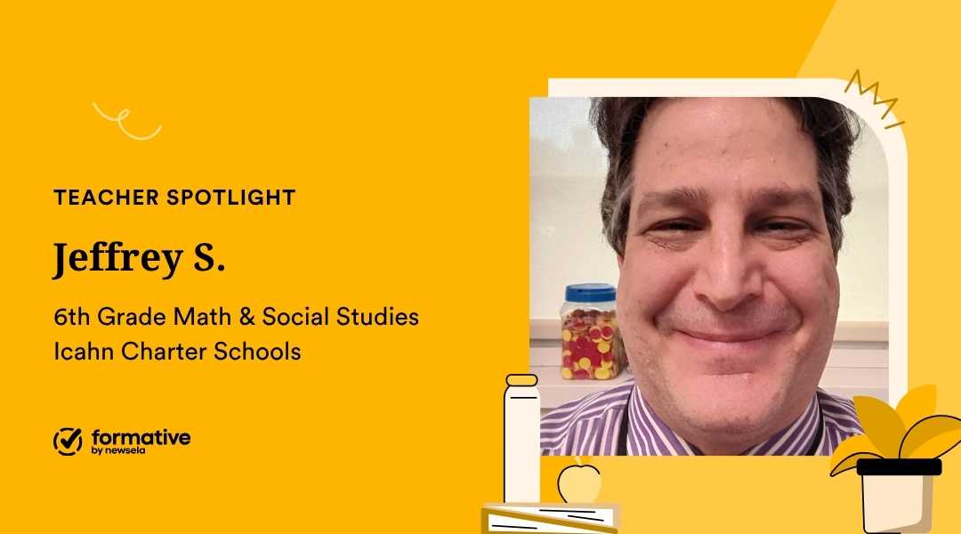 Teacher Spotlight on Jeffrey S., 6th Grade Math & Social Studies teacher at Icahn Charter Schools, featuring a close-up smiling portrait.