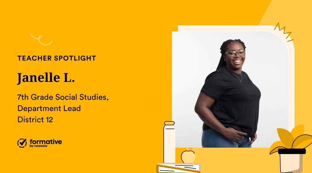 Teacher Spotlight on Janelle L., 7th Grade Social Studies Department Lead at District 12, featuring her professional portrait on a yellow background.