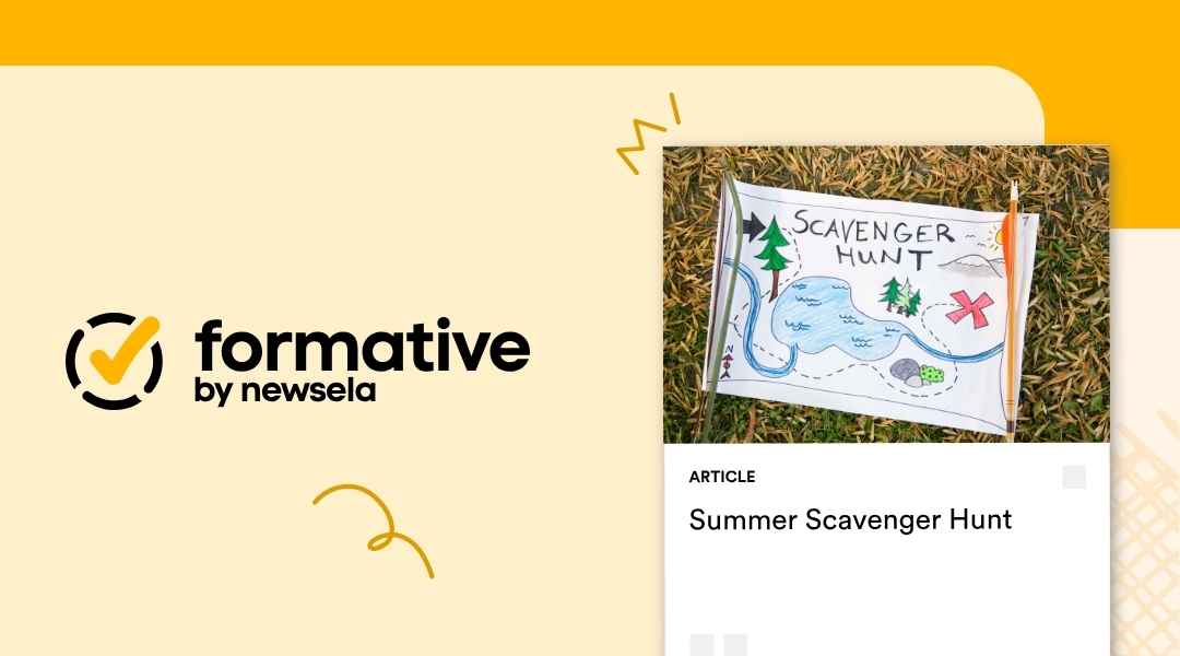 Formative by Newsela activity titled "Summer Scavenger Hunt" showing a hand-drawn map with trees, a lake, and a red X.