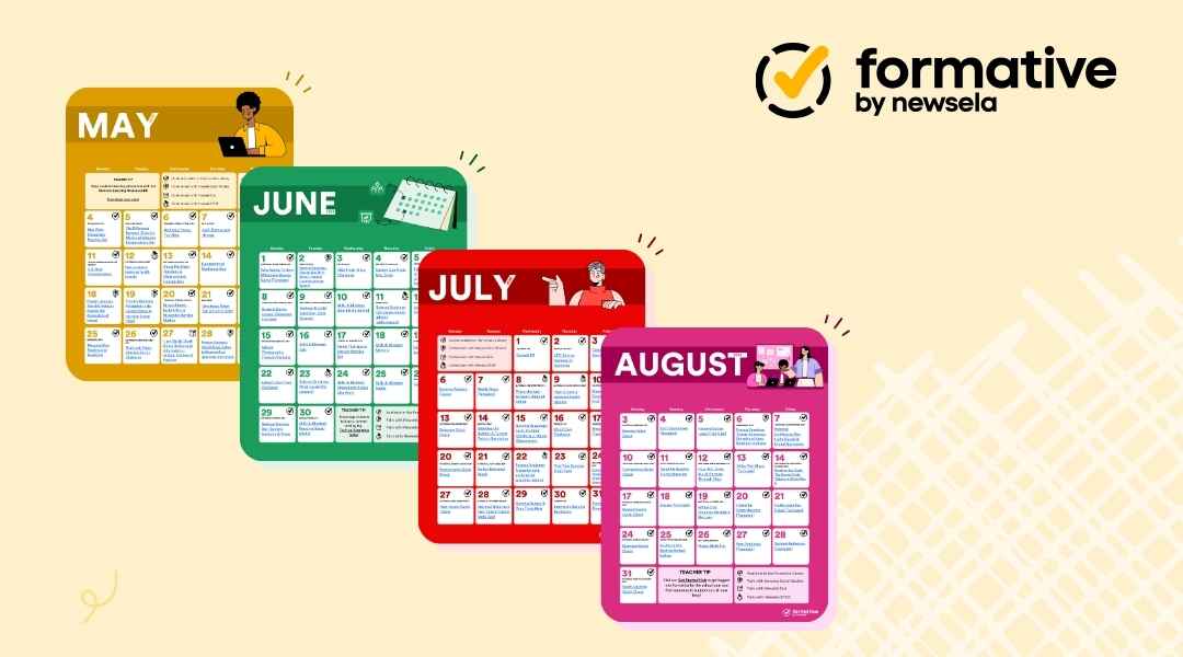 Four colorful monthly calendars for May, June, July, and August featuring daily Formative activity suggestions for teachers.