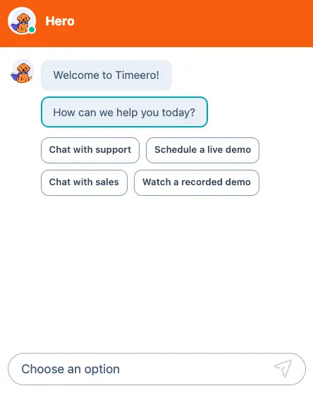 Timeero chat support Hero