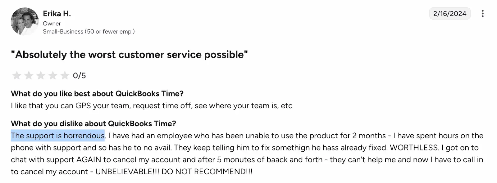 quickbooks time review - custome service
