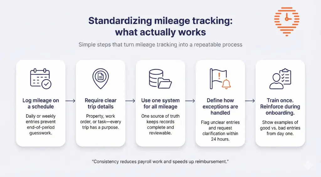 Step-by-step workflow showing how to standardize mileage tracking across a team, including scheduled logging, clear trip details, one system of record, exception handling, and onboarding training.
