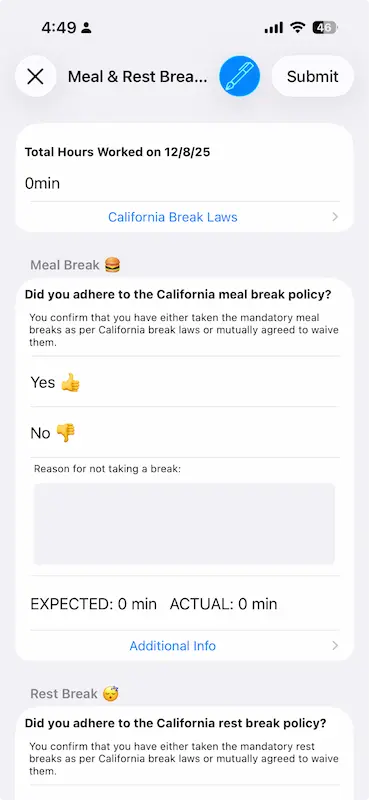 screenshot of timeero’s California Daily Sign Off form