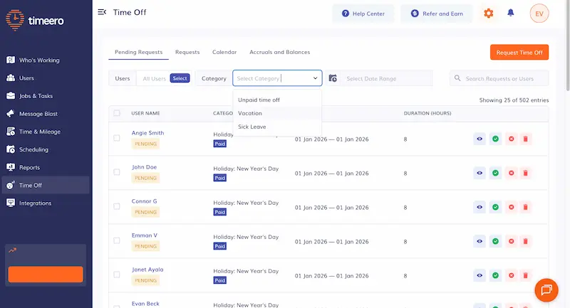 visual showing the Timeero web app screehnshot, Time Off pending requests