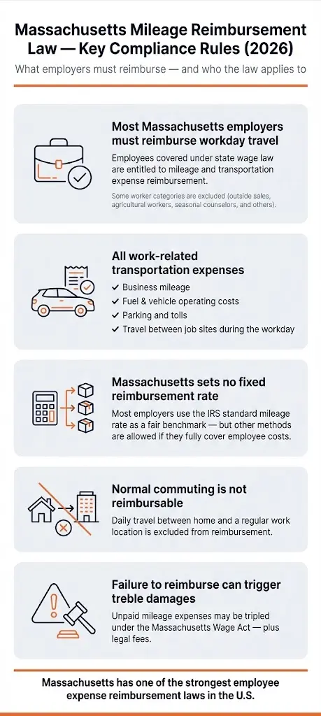 Massachusetts mileage reimbursement law infographic showing who must be reimbursed, reimbursable workday travel expenses, allowed reimbursement methods, commuting exclusions, and compliance penalties for employers.