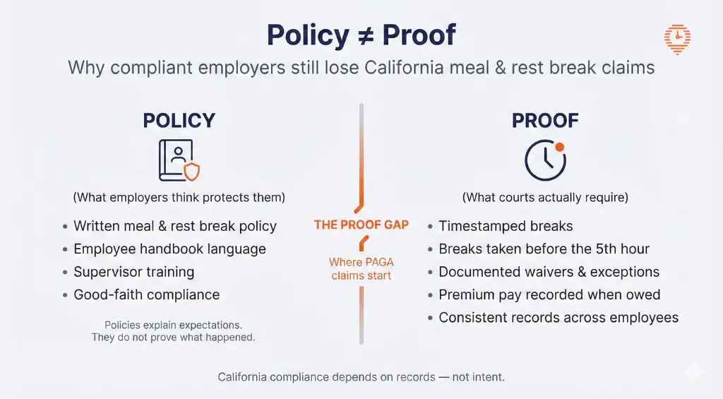 Diagram showing the difference between having a compliant meal and rest break policy and having documented proof required under California labor law.