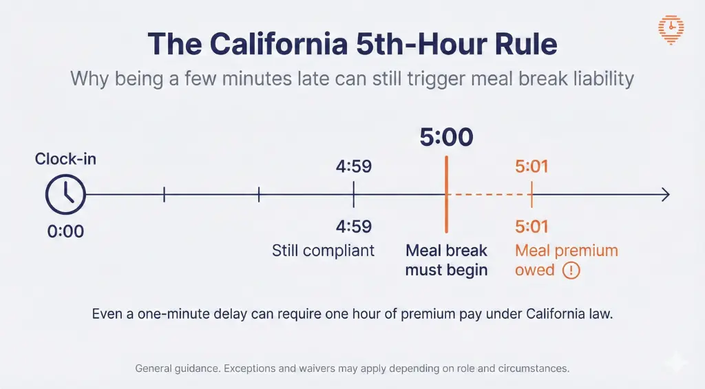 Timeline showing that under California law a meal break must begin before the end of the fifth hour of work, and starting even one minute late can trigger premium pay.