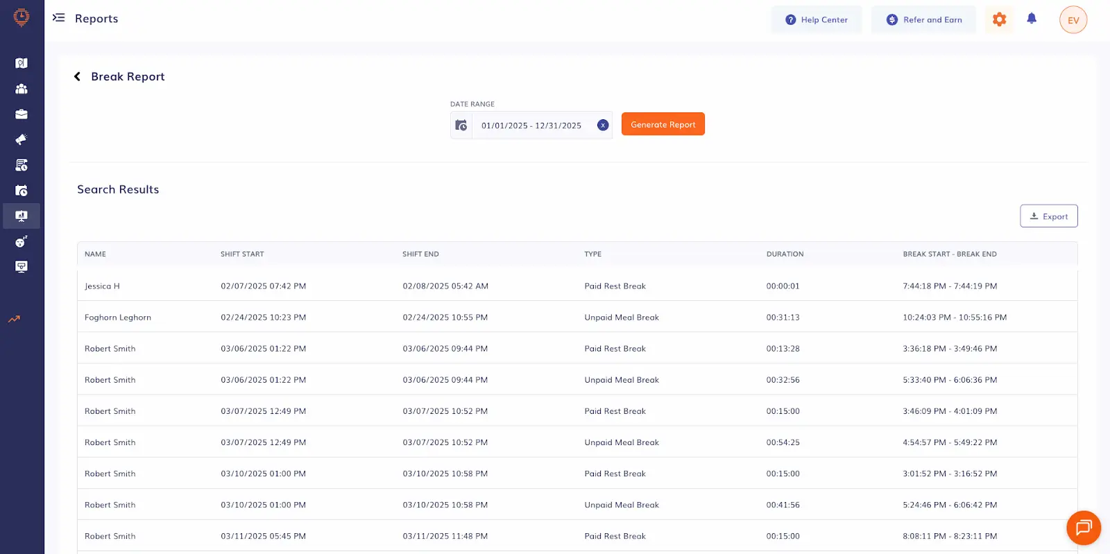 timeero break reports