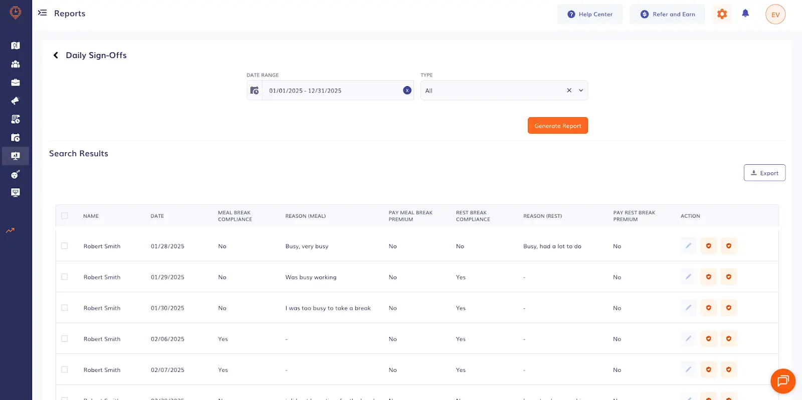 california meal breaks daily sign off report