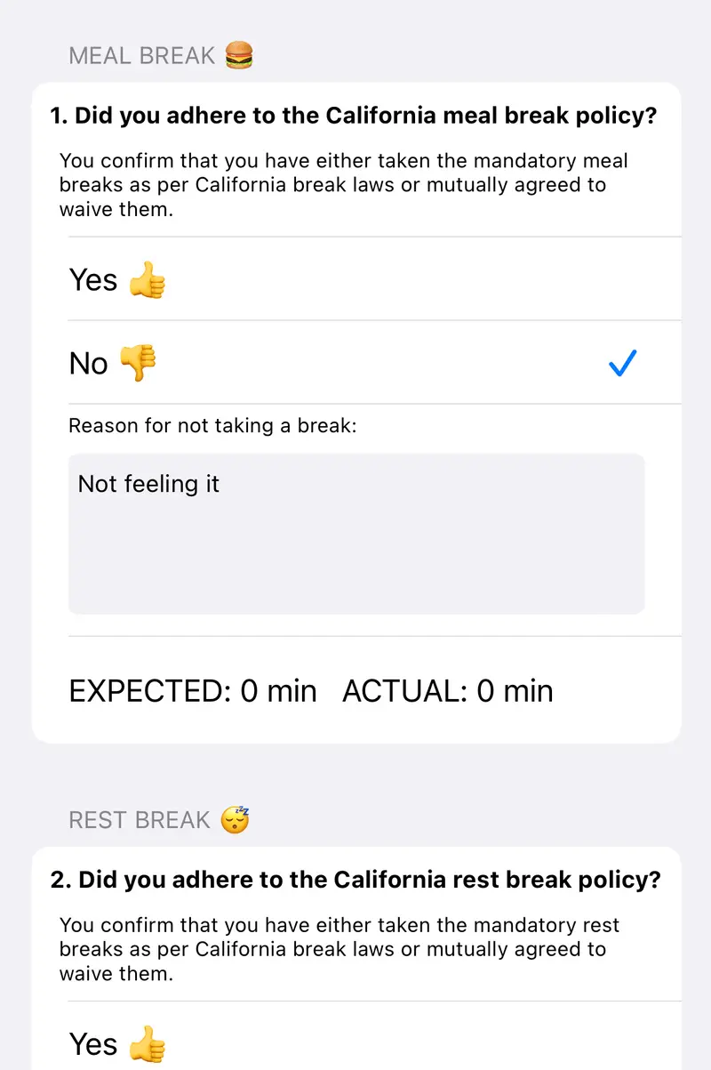 California meal break policy attestation