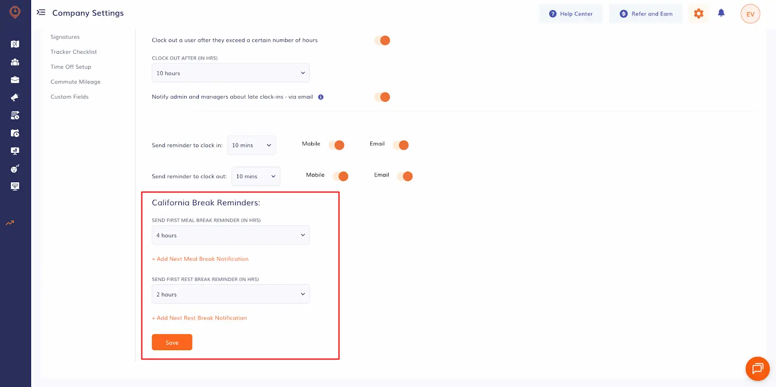 setting up california break reminders