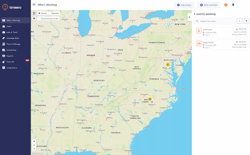 Timeero’s Who’s Working dashboard