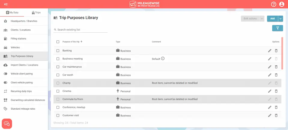 mileagewise reivew: trip purpose library[