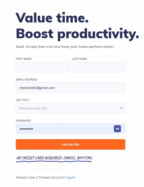 timeero sign up process