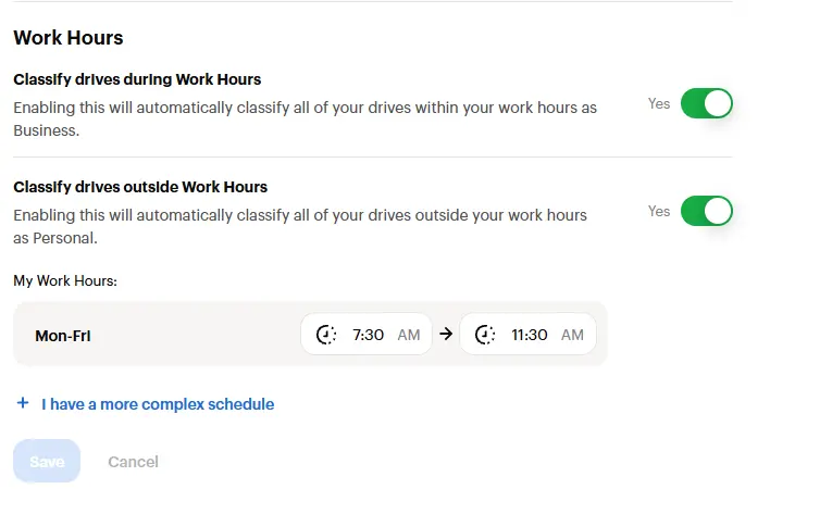 mileiq work hours settings