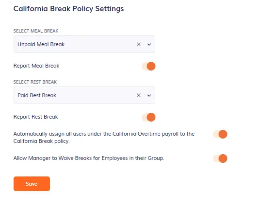 california break policy settings