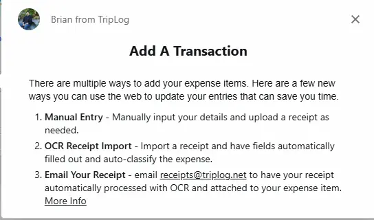 Pop-up screen displayed when adding transactions