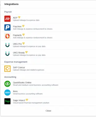 TripLog’s integration options shown on the desktop account
