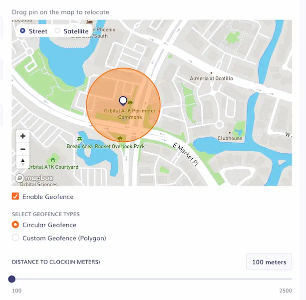 Timeero job setup showing a circular geofence drawn around a job site on the map, used to trigger automatic clock-out when an employee leaves