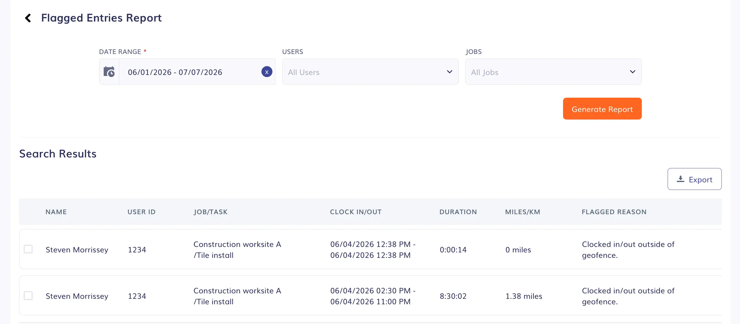 Timeero Flagged Entries Report listing flagged time entries with employee name, job, clock times, miles, and the reason each entry was flagged 