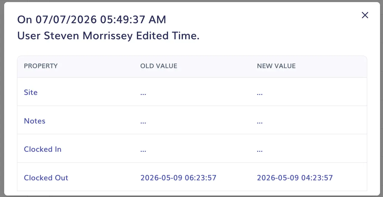 Timeero Audit Logs entry showing a timesheet edit with the editor's name, the change made, and the timestamp