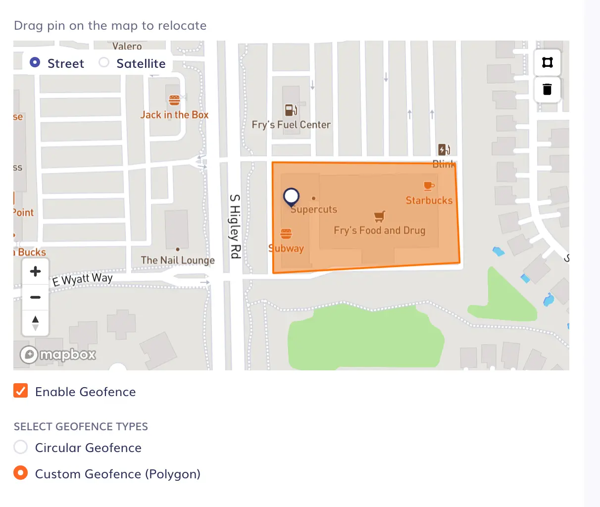 Polygon geofence drawn around an irregularly shaped job site in Timeero's job setup screen