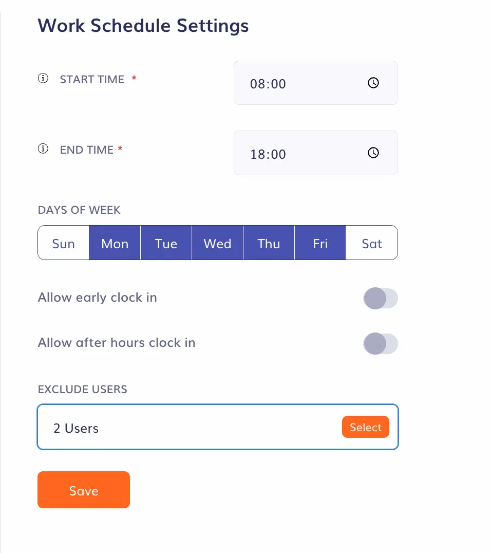 Timeero Work Schedule Settings showing the Excluded Users 