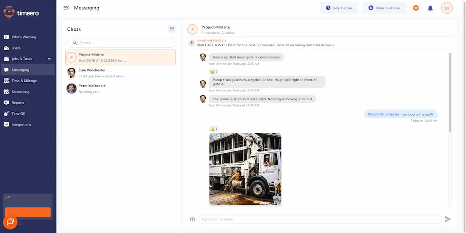 timeero in app messanger web