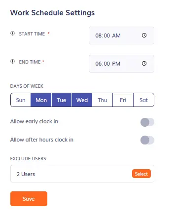 timeero work schedule settings