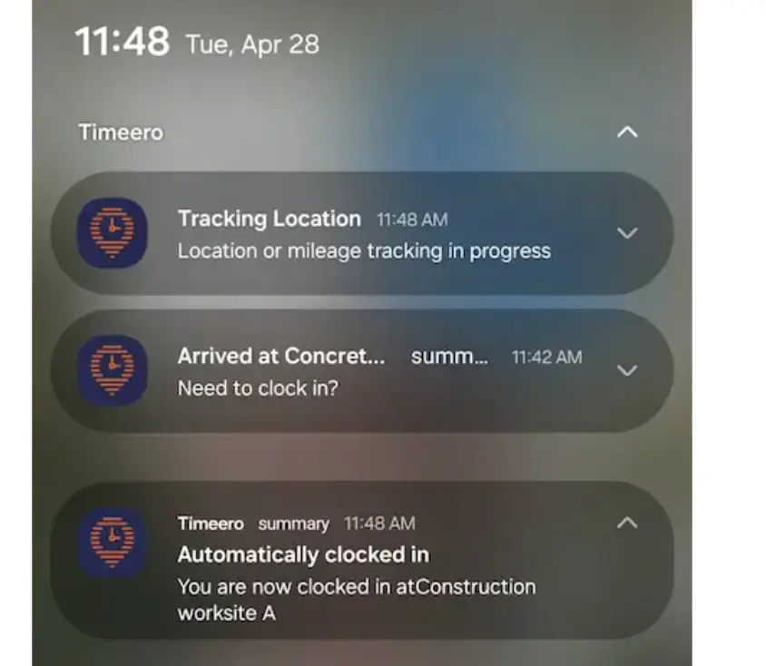 A push notification is sent confirming the Auto Clock-In/Out was successful