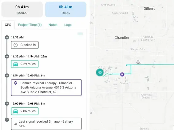 Workyard’s segmented mileage view for a worker’s trips