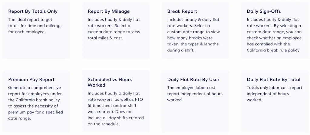 Timeero’s reporting dashboard with multiple time, compliance, and labor reports