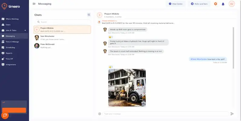 Timeero’s built-in messaging feature  web view