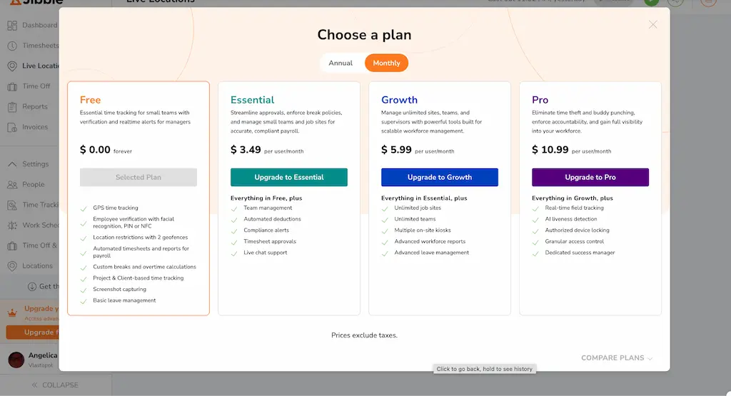jibble pricing plans screenshot august 2026