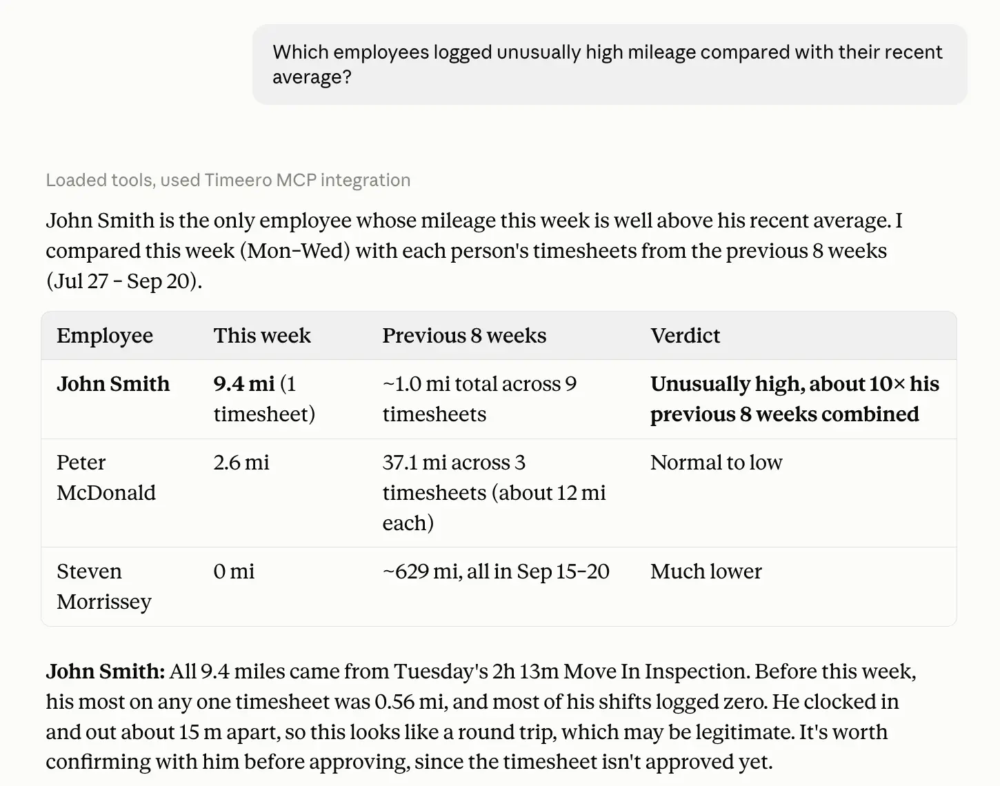 timeero mcp prompts mileage example