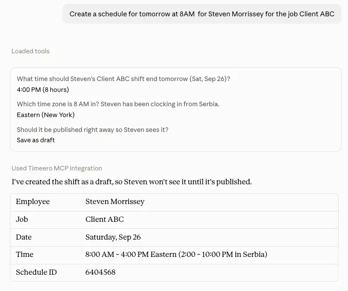 timeero mcp prompts action in timeero example