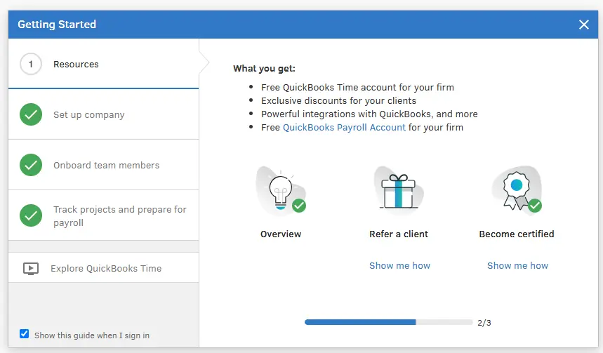 QuickBooks Time: Onboarding workflow shown on the desktop site