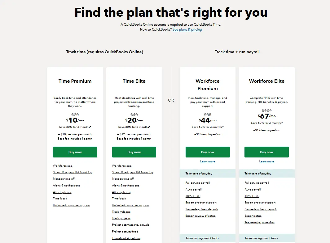 QuickBooks Time pricing page