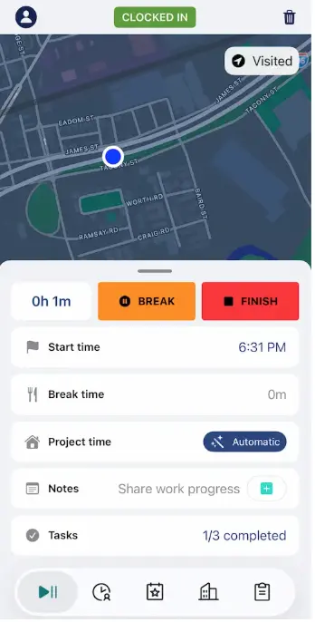 workyard mobile clock in screenshot