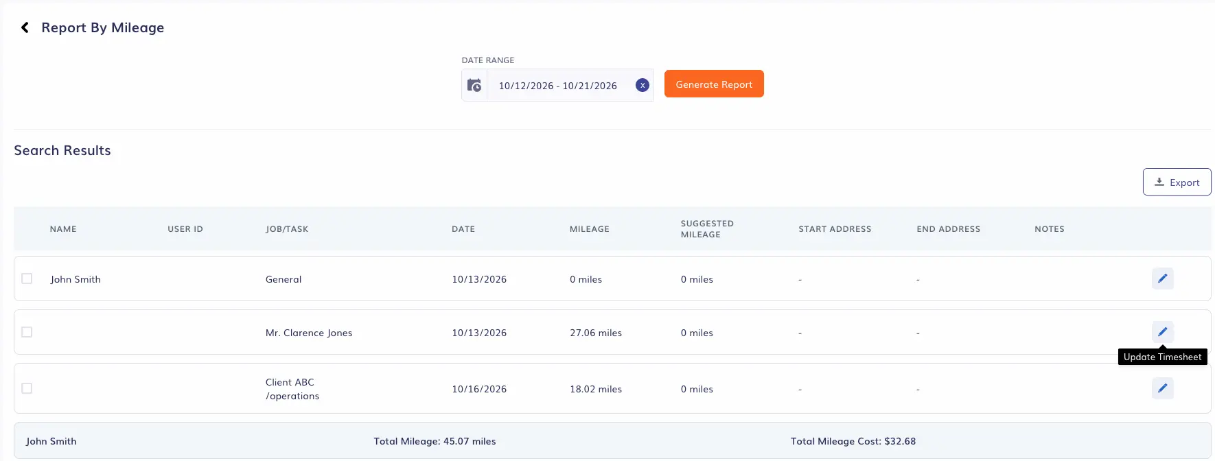 timeero mileage report