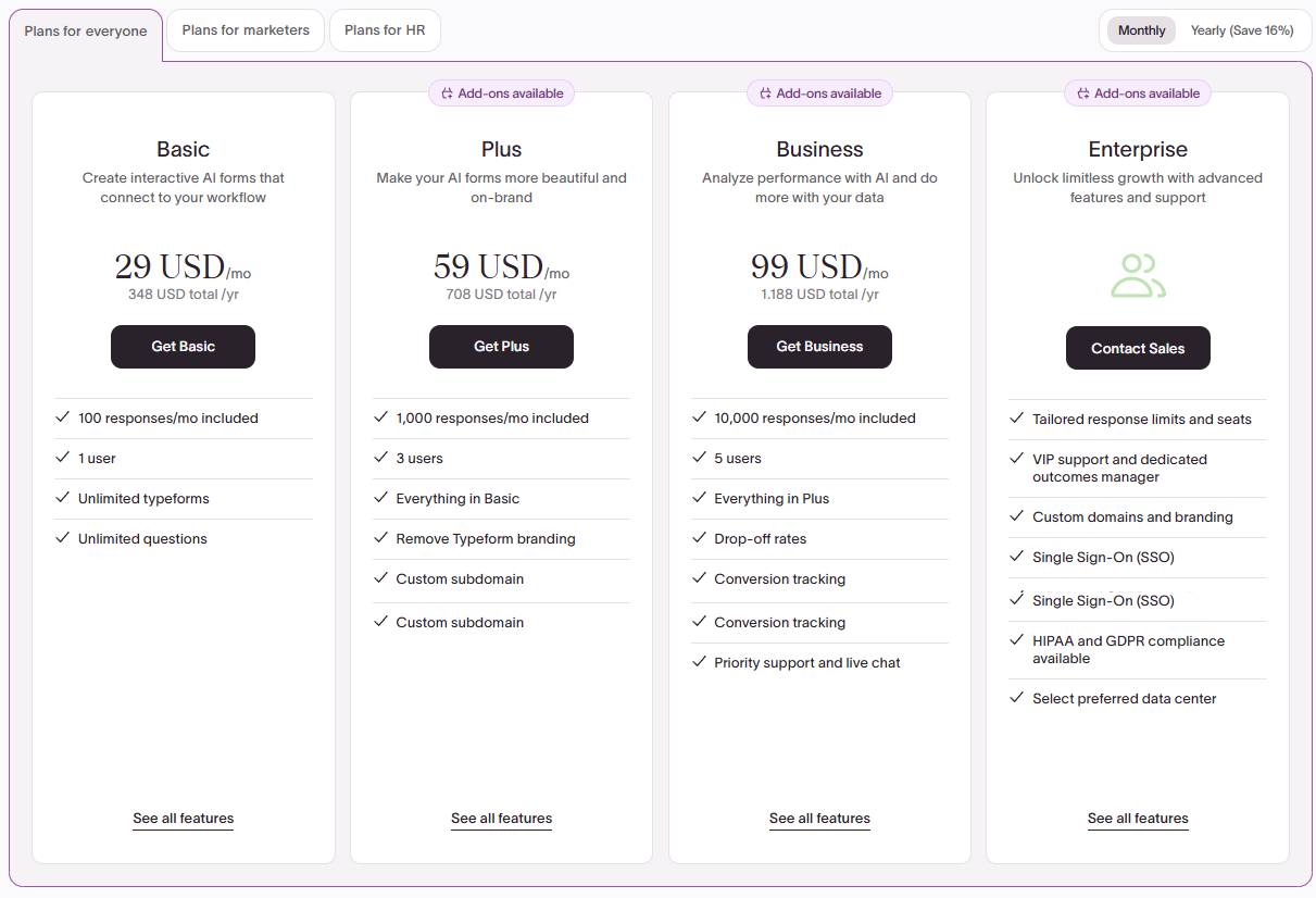 Pricing Typeform