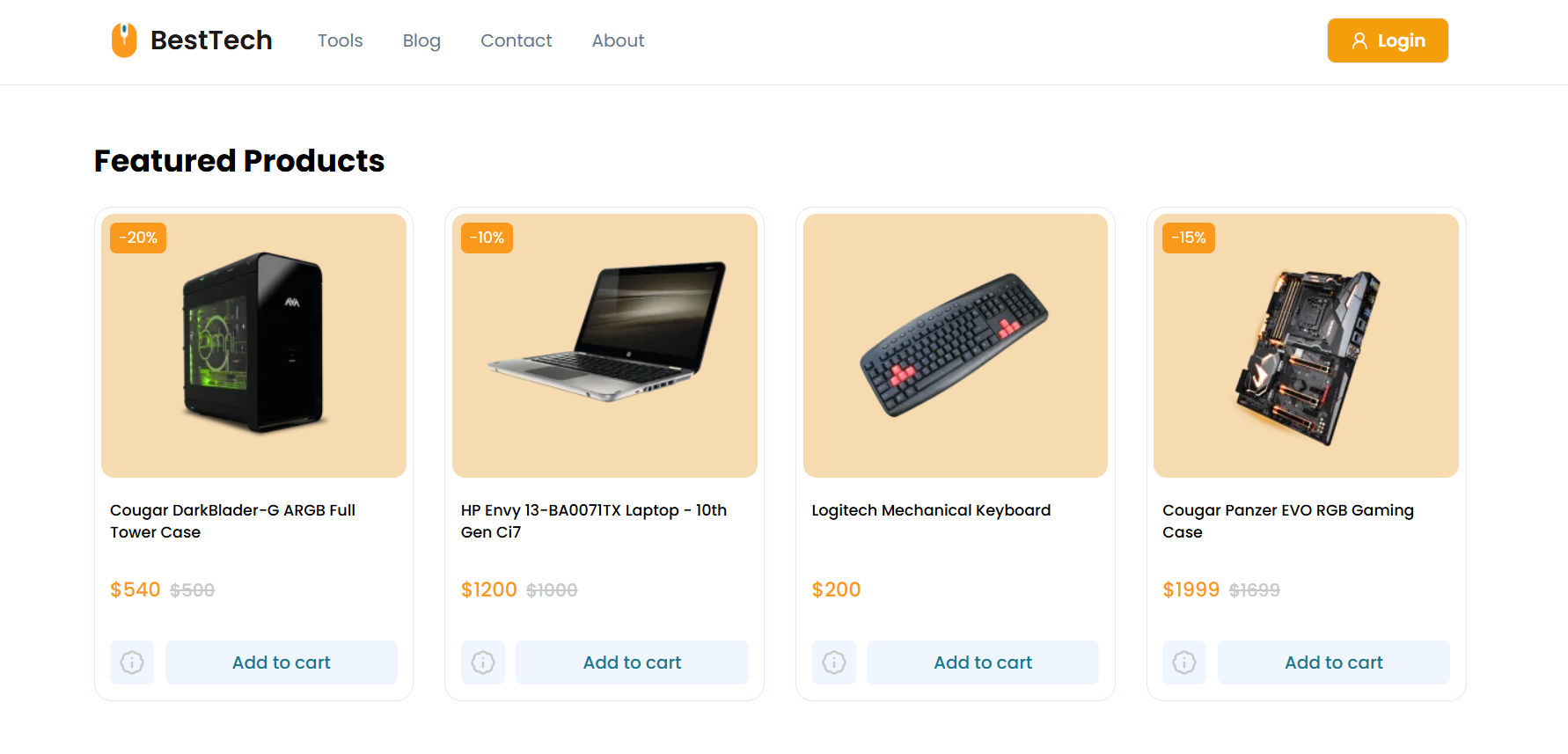 Sección Featured Products de BestTech con cuatro productos tecnológicos en oferta y botón “Add to cart”