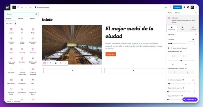 Captura del editor de bloques de WordPress mostrando las opciones de edición de contenido.