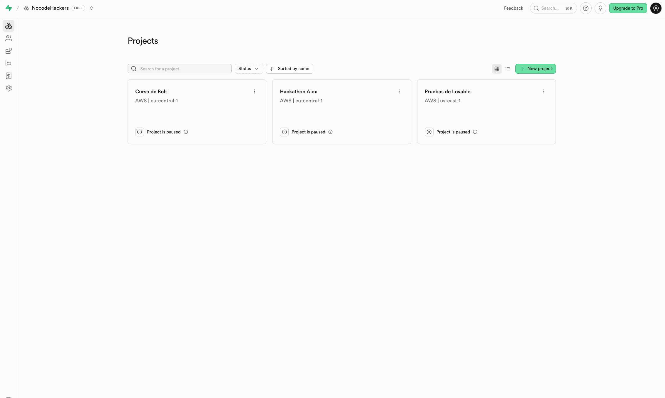 captura del dashboard de Supabase mostrando la lista de proyectos en una organización