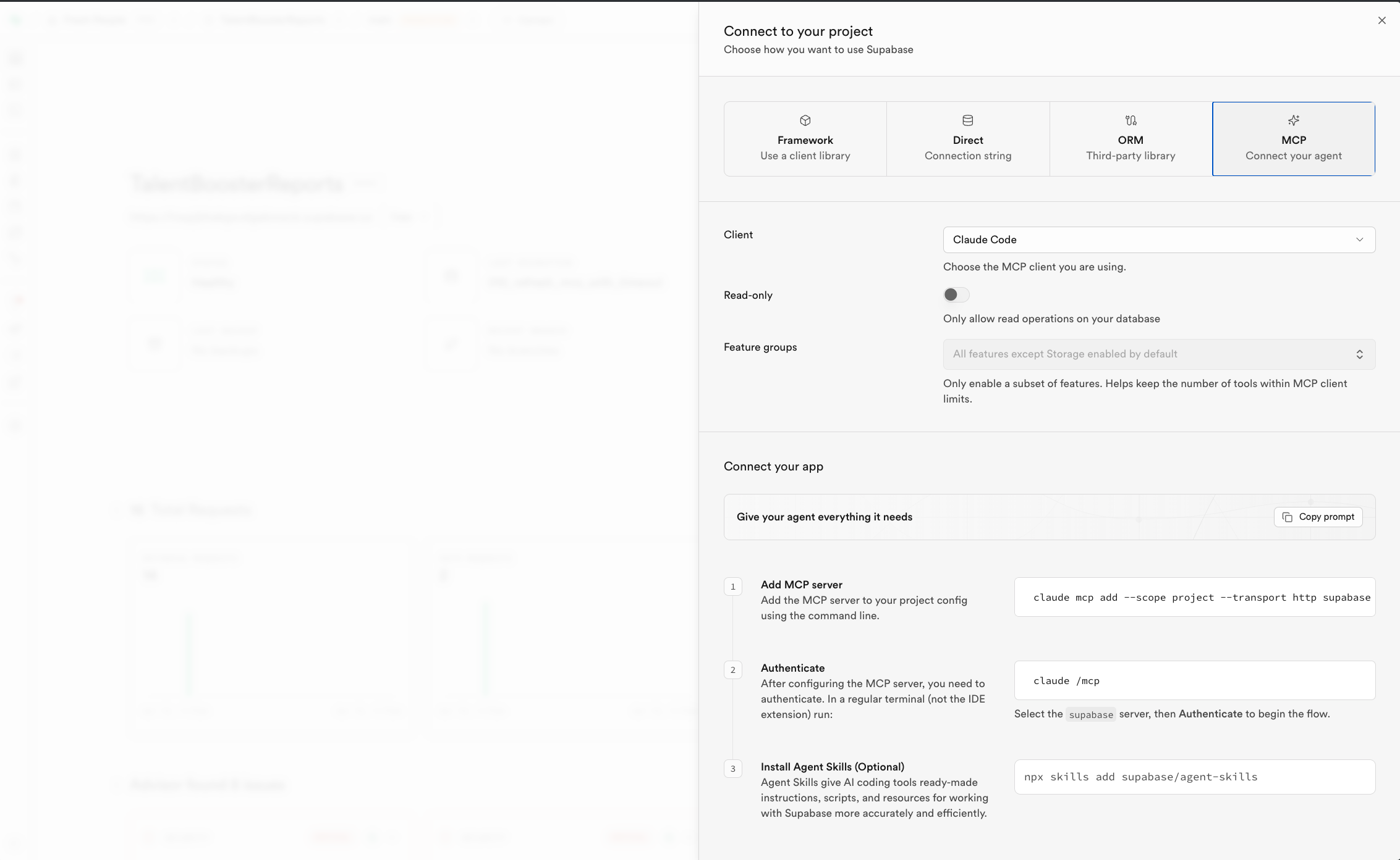 captura de Project Settings con la pestaña MCP connection abierta y la URL del servidor visible