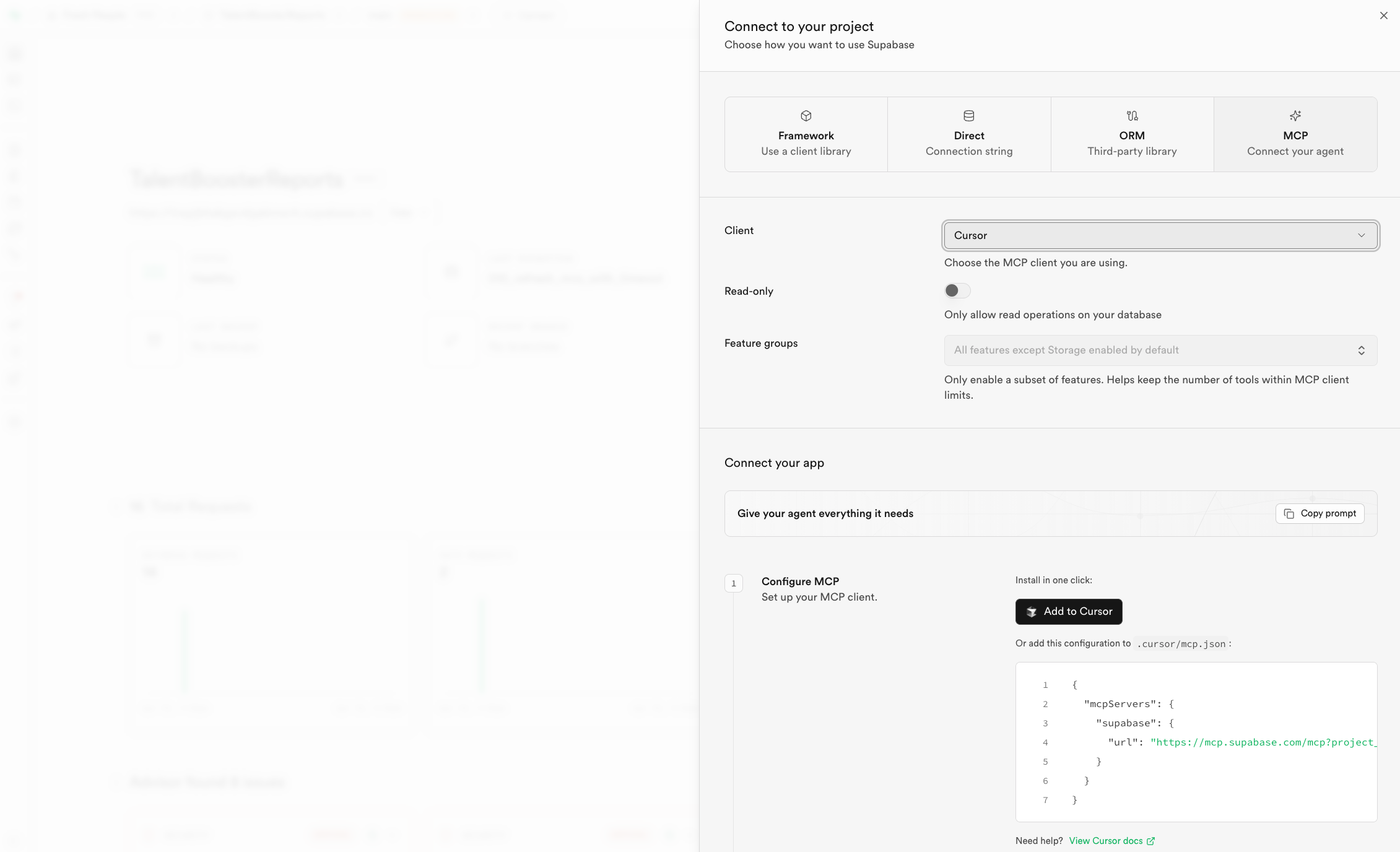 captura de Cursor en Settings → Tools & MCP con el formulario "Add new MCP server" abierto