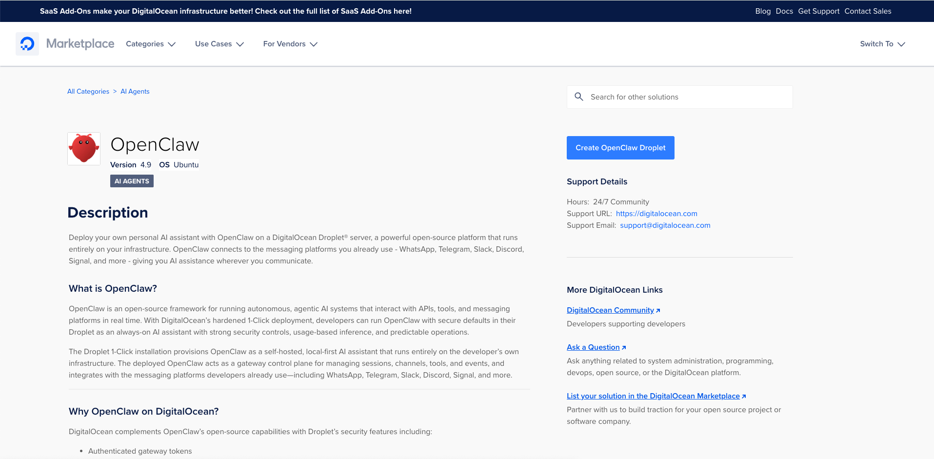 Página de DigitalOcean Marketplace mostrando la aplicación OpenClaw para desplegar asistentes de IA en Droplets