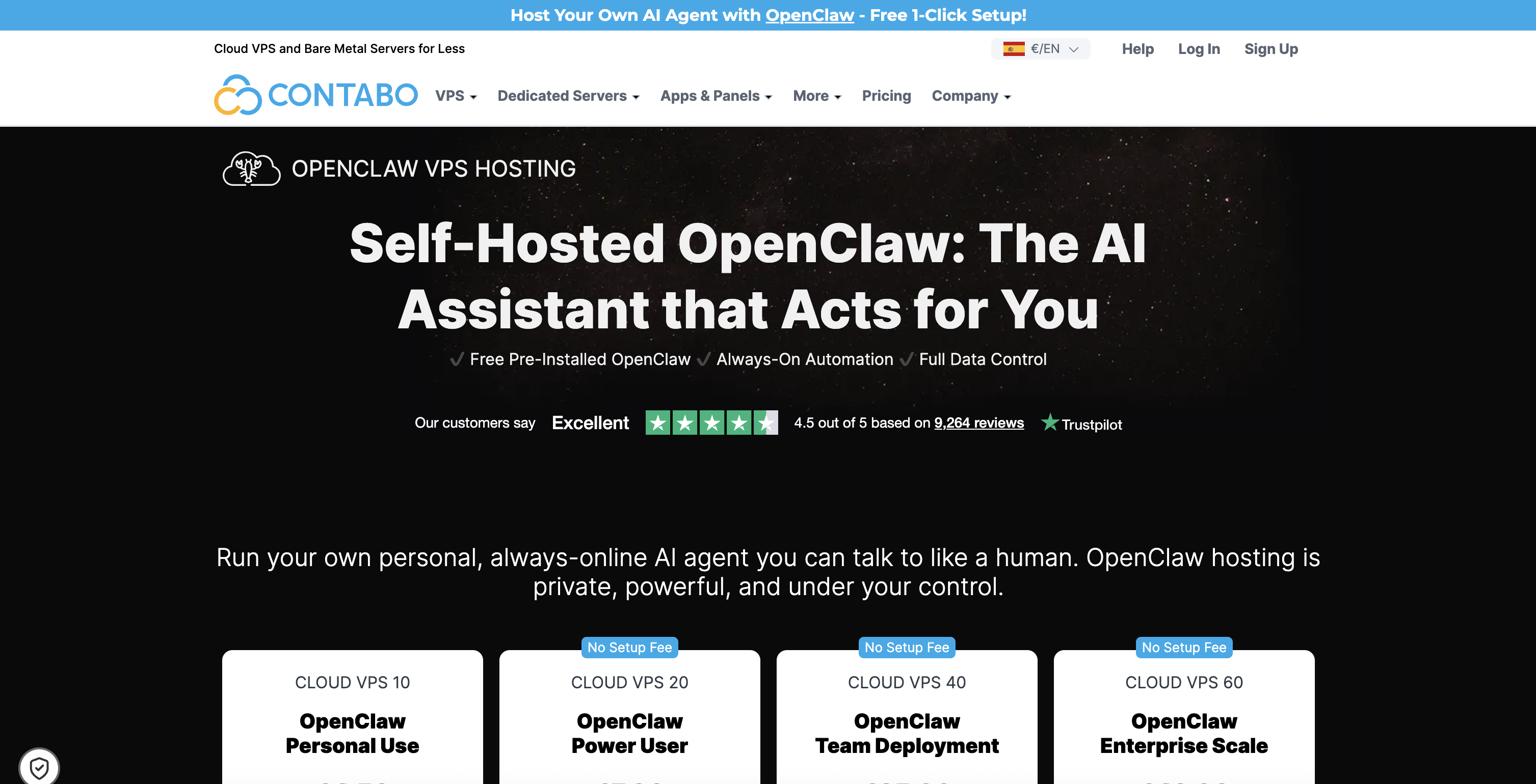Página de Contabo ofreciendo hosting VPS con OpenClaw preinstalado para agentes de IA